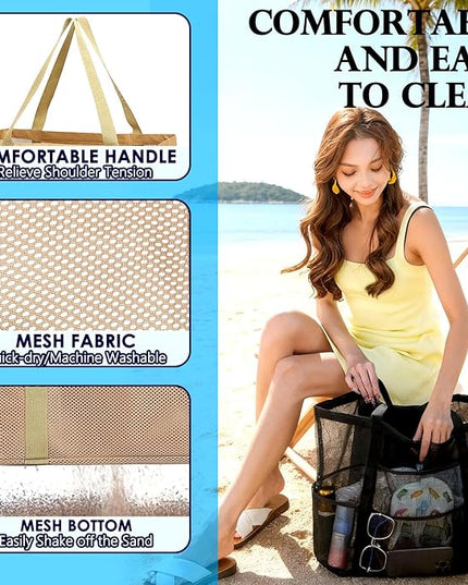 Mesh Beach Bag, Large Beach Tote with Zipper Pocket, Toys Pool Bag for Family Travel Vacation Cruise Essentials