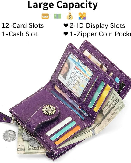 SENDEFN Small Womens Wallet Leather Bifold Card Holder RFID Blocking with Zipper Coin Pocket