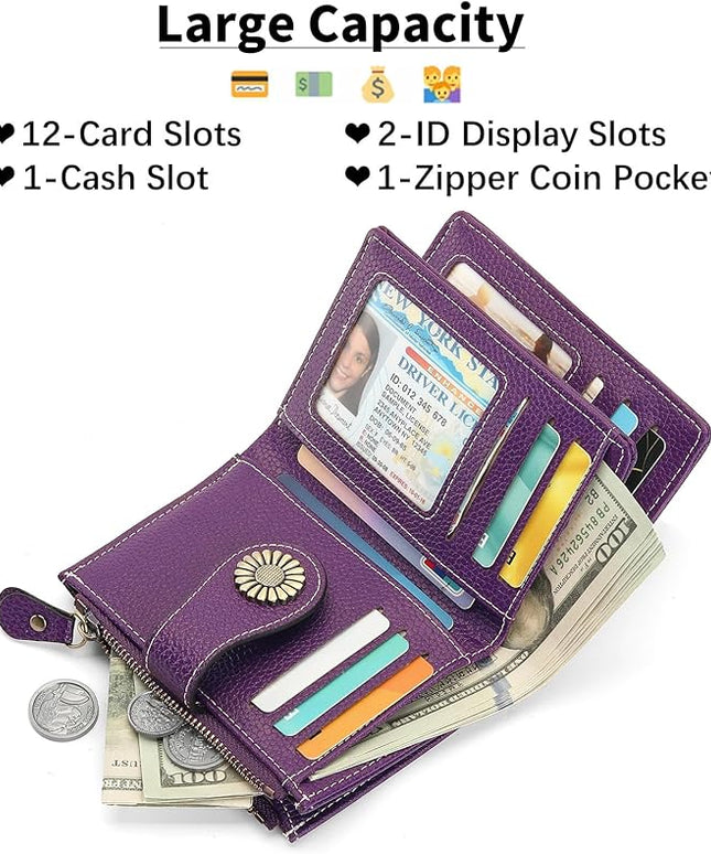 SENDEFN Small Womens Wallet Leather Bifold Card Holder RFID Blocking with Zipper Coin Pocket