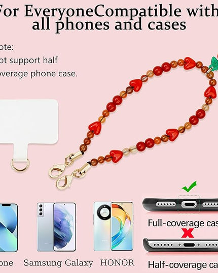 Marble Beaded Phone Wrist Strap,Detachable Phone Bracelet Strap with Tether Tab,Hands-Free Wristlet Strap (Sweet Cherries)