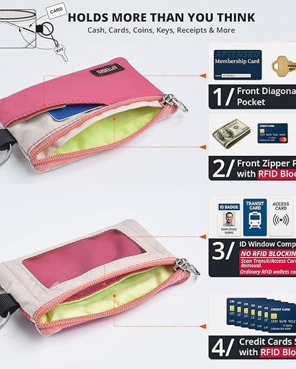 RFID Travel Wallet with Adjustable Lanyard-Zipper Small Wallet with ID Card Holder, Keychain for women&men-Minimalist Slim Waterproof Nylon case for ID, Cash, Key (Pink+Almond)