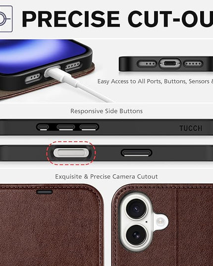 TUCCH Case Wallet for iPhone 16, Magnetic PU Leather Kickstand Flip Cover with 4 Card Slot Shockproof TPU Interior Shell, [RFID Blocking] Folio Case Compatible with iPhone 16 5G, Chocolate Brown