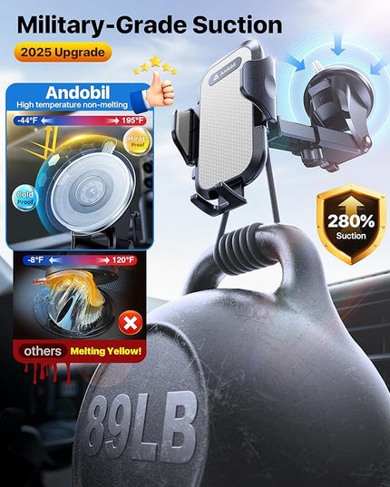 andobil Car Phone Holder Mount (Strong Suction&Bumpy Road Stable) Phone Holders for Your Car, Cell Phone Car Mount for Windshield Dash Vent Truck Cradle Stand for iPhone 17 16 15 14 Pro Max Grey