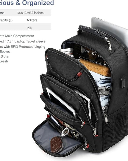 Boavan Laptop Backpack for men, 17.3 inch Laptop Bag with USB Port, Waterproof Travel Work Backpack Purse, Anti-Theft Teacher Nurse Doctor Casual Bookbags Office Business backpack ，Black