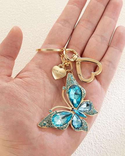XGALBLA Cute Bling Crystals Rhinestone Butterfly KeyChain with Heart Pendant, Lovely Bag Charms for Handbags Purse Accessory