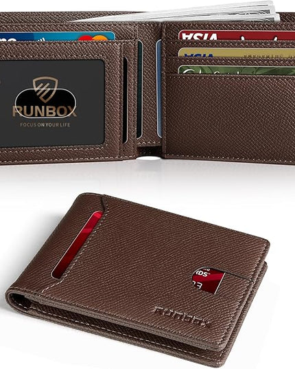 RUNBOX Wallet for Men Slim 11 Credit Card Holder Slots Leather RFID Blocking Small Thin Men's Wallet Bifold Minimalist Front Pocket Large Capacity Gift Box