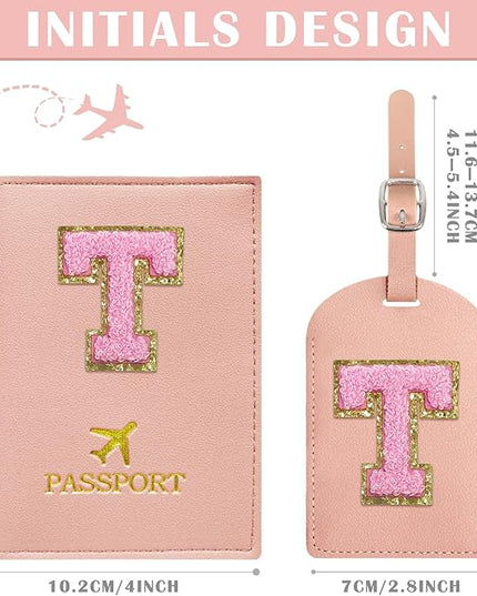 COSHAYSOO Initial Passport Cover Luggage Tag Set Letter Passport Holder Airplane Cruise Travel Essentials Vacation Traveling Accessories Personalized Gifts for Women Teen College Girls Pink T
