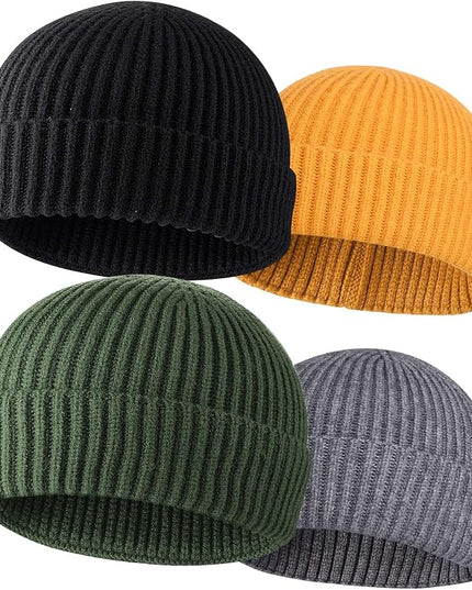 ROYBENS 4 Pack Wool Fisherman Beanies for Men, Knit Short Watch Cap Winter Warm Hats