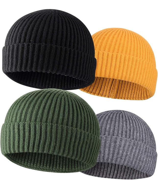 ROYBENS 4 Pack Wool Fisherman Beanies for Men, Knit Short Watch Cap Winter Warm Hats