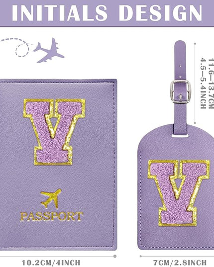 COSHAYSOO Initial Passport Cover Luggage Tag Set Letter Passport Holder Airplane Cruise Travel Essentials Vacation Traveling Accessories Personalized Gifts for Women Teen College Girls Purple V