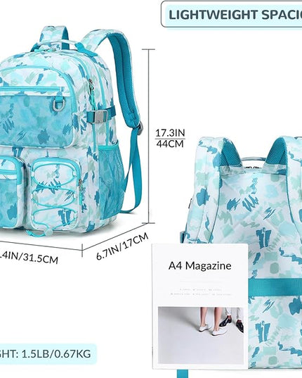 Lohol Multi-Pocket Backpack for Travel College, Heavy Duty Big Bookbag with 15.6 inch Laptop Compartment (Green Graffiti