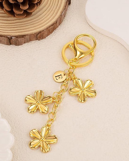 XGALBLA Gold/Silver Initial Keychain Flower Charms for Key Cute Letter Keyring for Purse Handbag Backpack