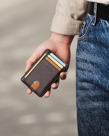 Buffway Slim Minimalist Front Pocket RFID Blocking Leather Wallets for Men and Women - Pebble Brown