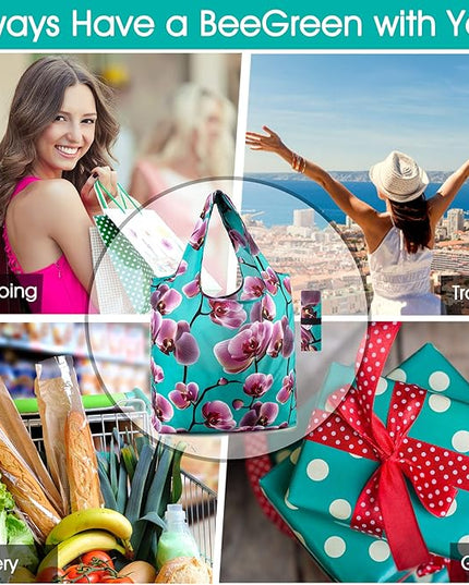 BeeGreen 10 Pack Washable Floral Grocery Bags for Shopping Reusable Tote Bags Extra Large 50LBS Cute Flower Design Foldable Reusable Bags for Women Men Lightweight Durable