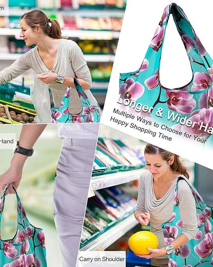 BeeGreen 12 Packs Flower Reusable Grocery Bags Reusable Tote Bags Extra Large 50LBS Cute Floral Design Foldable Reusable Bags for Women Men Lightweight Durable