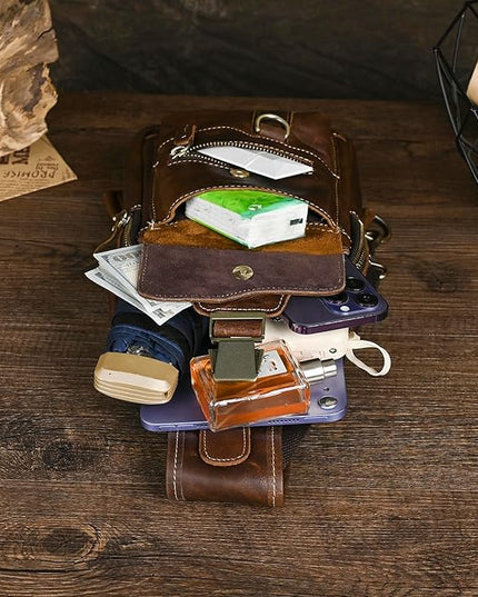 Genuine Leather Hiking Travel DayPack Sling Crossbody Triangle Chest Pack Bag For Men Women 8241