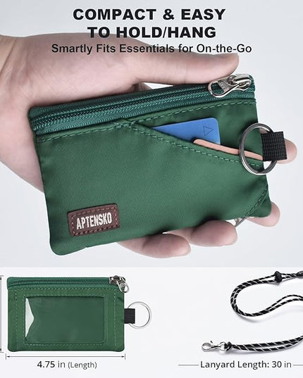 RFID Travel Wallet with Adjustable Lanyard-Zipper Small Wallet with ID Card Holder, Keychain for women&men-Minimalist Slim Waterproof Nylon case for ID, Cash, Key (Forest Green)