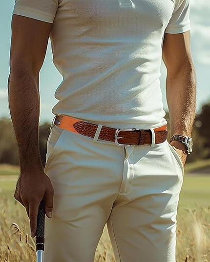 Mile High Life Golf Belts for Men, Canvas Belt with Genuine Leather Tips, Embroidered 2 Layer Web Belt with Pin Buckle