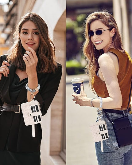 Keychain Wallet with Bracelet RFID Blocking Wristlet Credit Purse Card Holder, Silicone Bead Tassel Key Ring for Women