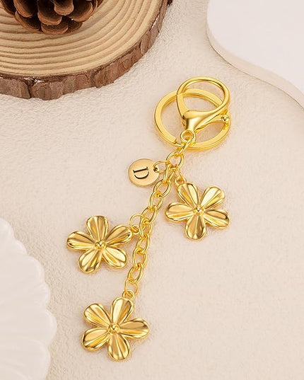 XGALBLA Gold/Silver Initial Keychain Flower Charms for Key Cute Letter Keyring for Purse Handbag Backpack