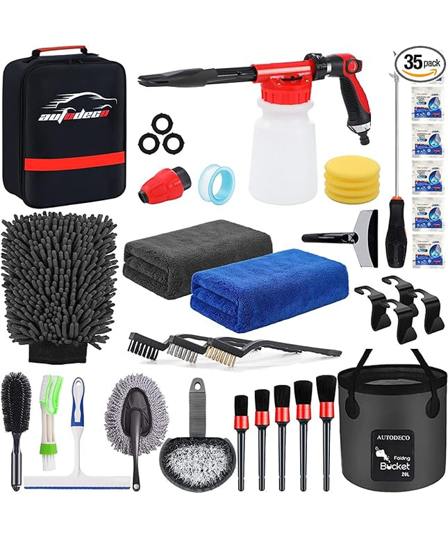 AUTODECO 35Pcs Car Wash Detailing Kit Cleaning Kits with Foam Gun Sprayer Collapsible Bucket Brush Large Wash Mitt Towels Complete Interior Exterior Car Washing Supply Set Black