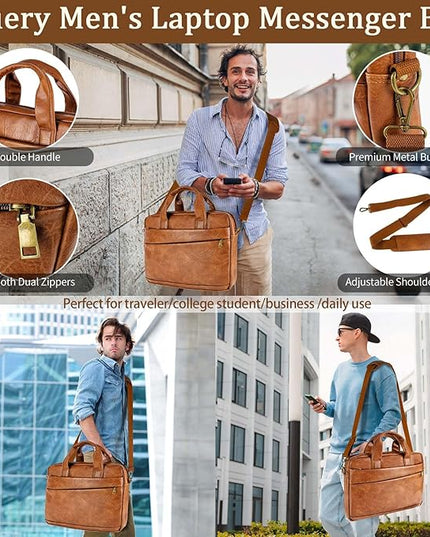 Faux Leather Messenger Bag for Men 17.3 Inch: Laptop Bag Briefcase Computer Handbags Shoulder Crossbody Bag with Padded Laptop Sleeve for Work College Travel, PU Brown