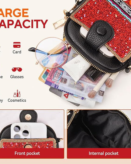 Women's Small Crossbody Cell Phone Bag, Boho Colorful Beaded Purse Wallet with Handmade Cute Patterns