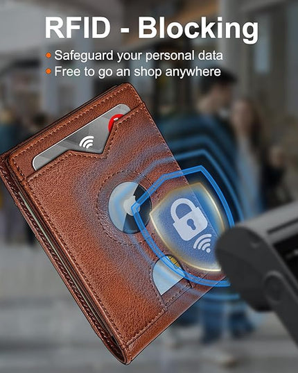 miyozi Airtag Wallet for Men,with Cash Pocket 2 ID Window 13 Cards,Slim Leather Wallet Front Pocket Card Holder RFID Blocking with Gift Box