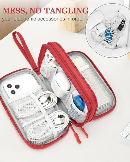 FYY Travel Cable Organizer Pouch Electronic Accessories Carry Case Portable Waterproof Double Layers All-in-One Storage Bag for Cord, Charger, Phone, Earphone Red