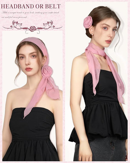 Chiffon Scarf for Women, Removable Flower Neck Scarf Light Soft Fashion Rose Scarves Versatile Headband or Hair Band