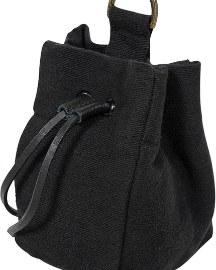Mythrojan Medieval Pouch Renaissance Canvas Drawstring Belt Pouch Viking Cosplay Costume Accessories Jewelry Coin Purse for LARP, SCA, Historical Reenactments, Black - 5" x 3.5" x 4"