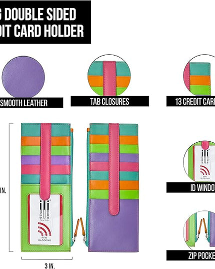 ili New York Long Double Sided Slim Wallet, RFID Blocking Card Holder with ID Window and Side Zip Pocket for Men and Women, Palm Beach
