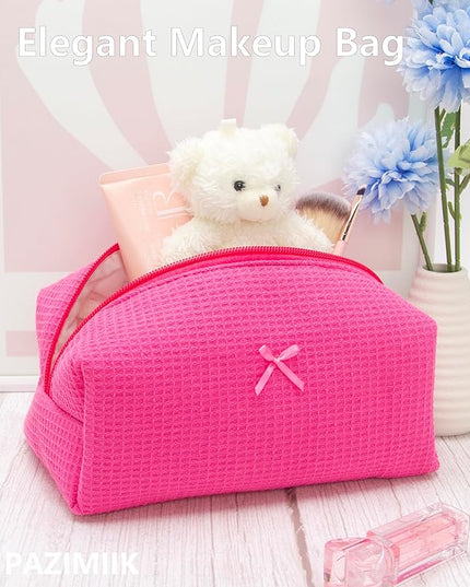 PAZIMIIK Cozy Makeup Bag Travel Cosmetic Bag for Women Soft Toiletry Bag Aesthetic Makeup Organizer Portable Large Zipper Pouch for Skincare Beauty Accessories Brushes Waffle Hotpink