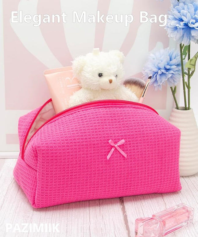 PAZIMIIK Cozy Makeup Bag Travel Cosmetic Bag for Women Soft Toiletry Bag Aesthetic Makeup Organizer Portable Large Zipper Pouch for Skincare Beauty Accessories Brushes Waffle Hotpink