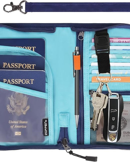 ZOPPEN Passport Holder Family RFID Passport Wallet, Passport Holder Women/Men, Travel Wallet Documents Organizer Zipper Case with Removable Wristlet Strap, Travel Essentials for Flying