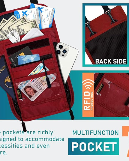 sundee Travel Neck Wallet with Double Zippers, RFID Blocking Passport Holder with Adjustable Neck Strap for Men and Women to Keep Cash, Credit Cards and Travel Documents Safe - Red