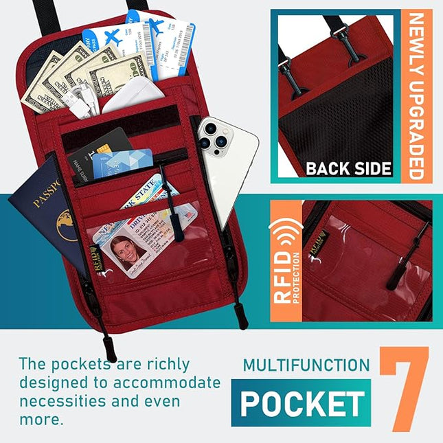 sundee Travel Neck Wallet with Double Zippers, RFID Blocking Passport Holder with Adjustable Neck Strap for Men and Women to Keep Cash, Credit Cards and Travel Documents Safe - Red