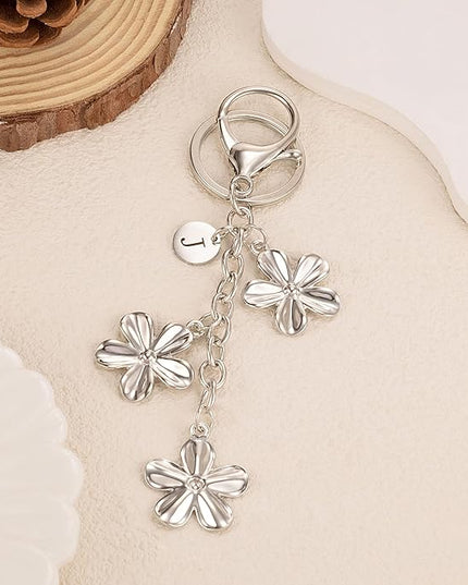 XGALBLA Gold/Silver Initial Keychain Flower Charms for Key Cute Letter Keyring for Purse Handbag Backpack