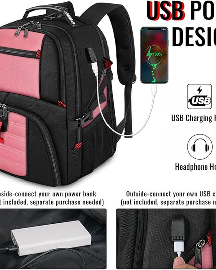 YOREPEK Travel Backpack, 50L Laptop Backpacks for Men Women, Water Resistant Airline Approved Bag with USB Charging Port Fits 17 Inch Computer, Pink