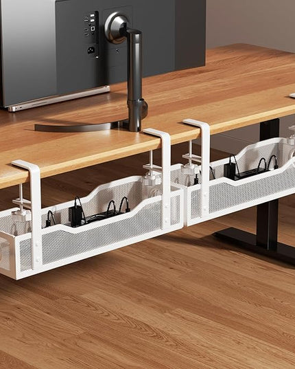 [Upgraded] 2 Pack Under Desk Cable Management Tray, Cinati Cord Organizers for Table Thickness up to 3", 16" Wire Organization with Clamp No Drill, Cable Management Box for Office - No Damage to Desk