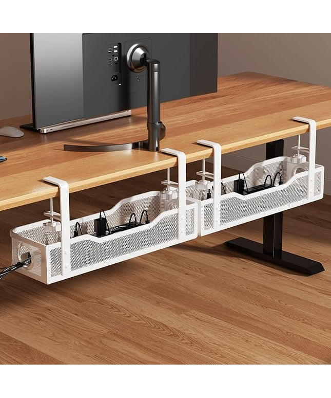 [Upgraded] 2 Pack Under Desk Cable Management Tray, Cinati Cord Organizers for Table Thickness up to 3", 16" Wire Organization with Clamp No Drill, Cable Management Box for Office - No Damage to Desk