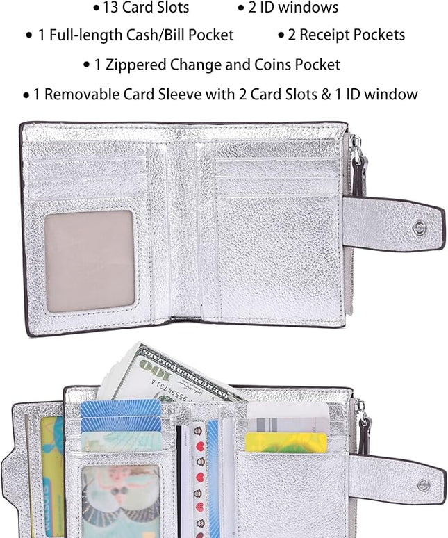 AINIMOER Women's RFID Blocking Leather Small Compact Bi-fold Zipper Pocket Wallet Card Case Purse with id Window