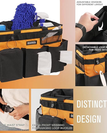 Wearable Cleaning Caddy Bag, Cleaning Caddy Supplies Organizer with Handle & Shoulder Straps for Housekeepers, Under Sink & Car Cleaning Tool Organizers with 4 Foldable Divider (Orange)