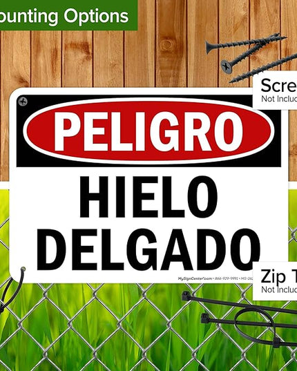 Danger Thin Ice Spanish Sign, 10x7 Inches, 55 mil thick HDPS (high density polystyrene), Made in USA by My Sign Center