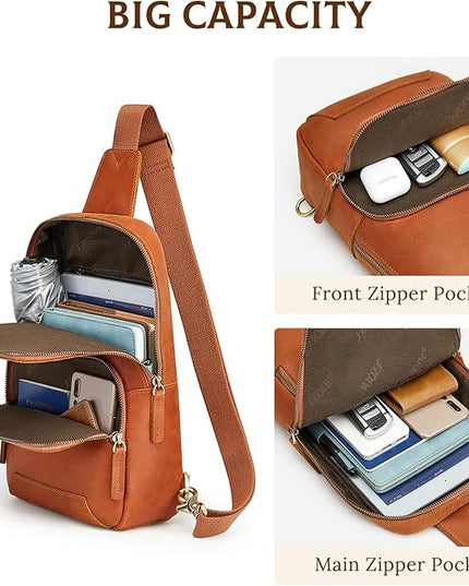 S-ZONE Sling Bag for Men Women RFID Blocking Genuine Leather Crossbody Shoulder Bag Backpack Hiking Daypack Travel