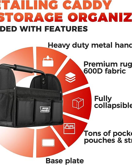 Detailing Caddy Organizer with Handle - Storage, Cars, & Cleaning Caddy for Supplies, Tools, & Home Improvement - Heavy Duty Car Detailing Supplies With Multi-Pockets & Collapsible Tote Design