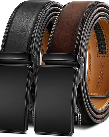 KEMISANT Men Belt 2 Pack, Leather Ratchet Belt Easy Click Slide For Men 1 3/8",Cut for Fit
