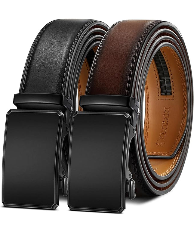 KEMISANT Men Belt 2 Pack, Leather Ratchet Belt Easy Click Slide For Men 1 3/8",Cut for Fit