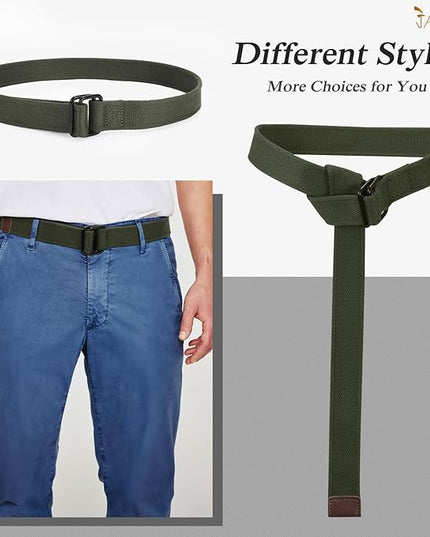 JASGOOD Men Canvas Fabric Belts Casual Web Cloth Belts with Black Double Ring Buckle 2 Pack