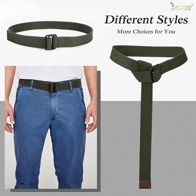 JASGOOD Men Canvas Fabric Belts Casual Web Cloth Belts with Black Double Ring Buckle 2 Pack